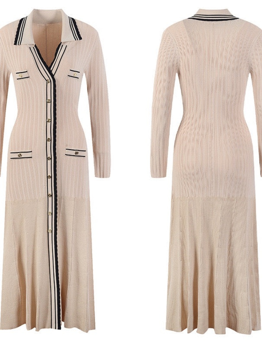 Sandro Alexandrine ribbed knitted button-front midi dress in beige - Picture 4 of 11